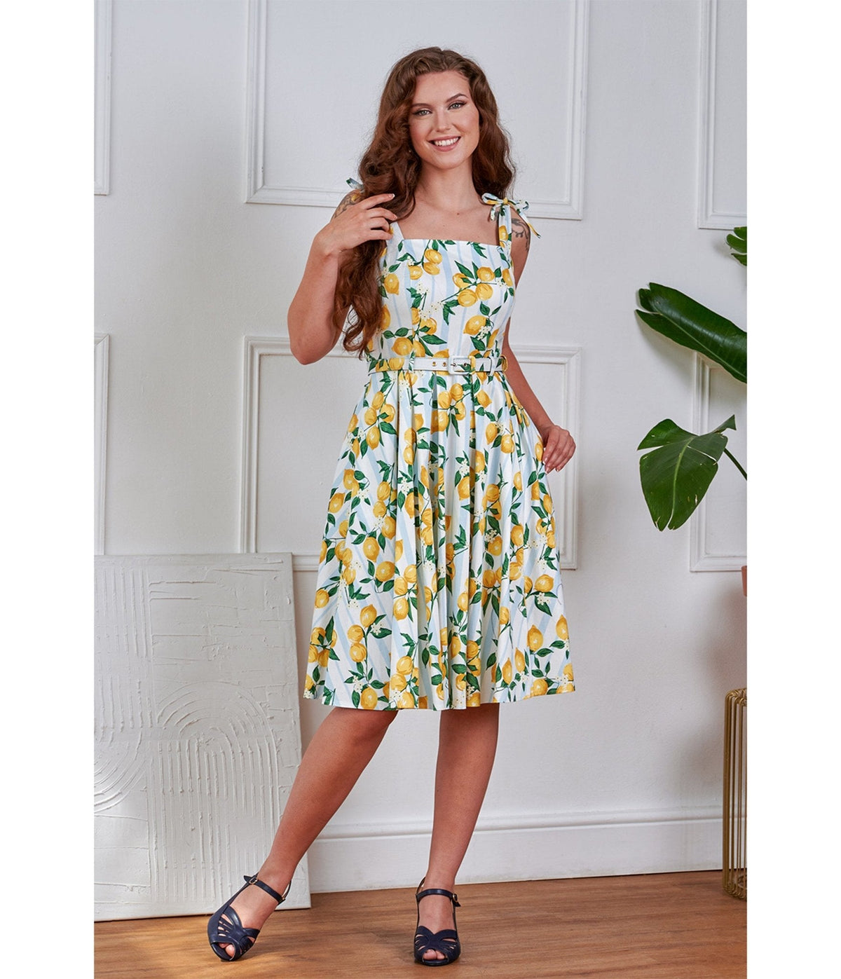 Banned Blue Striped Lemon Print Swing Dress