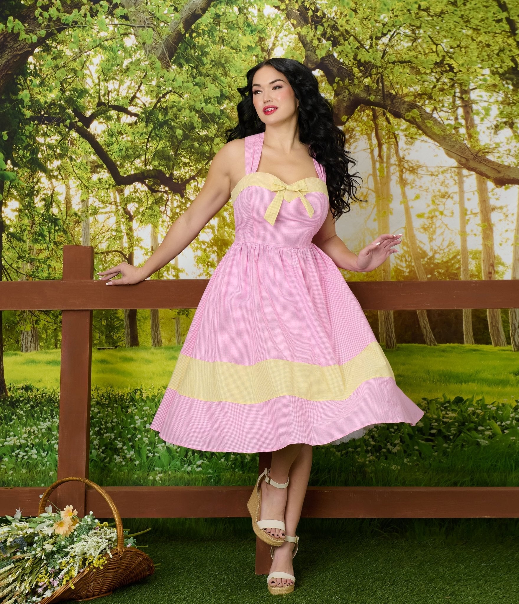 Barbie鈩?x Unique Vintage Picnic Pretty Gingham Swing Dress