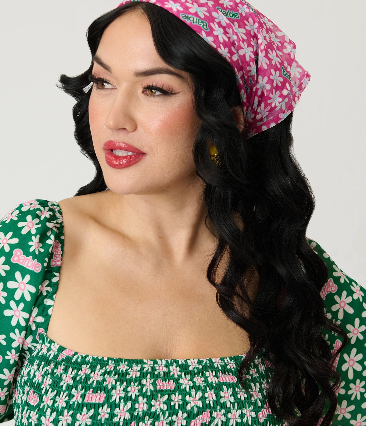 Barbie鈩?x Unique Vintage Pink Ditzy Daisy Hair Scarf