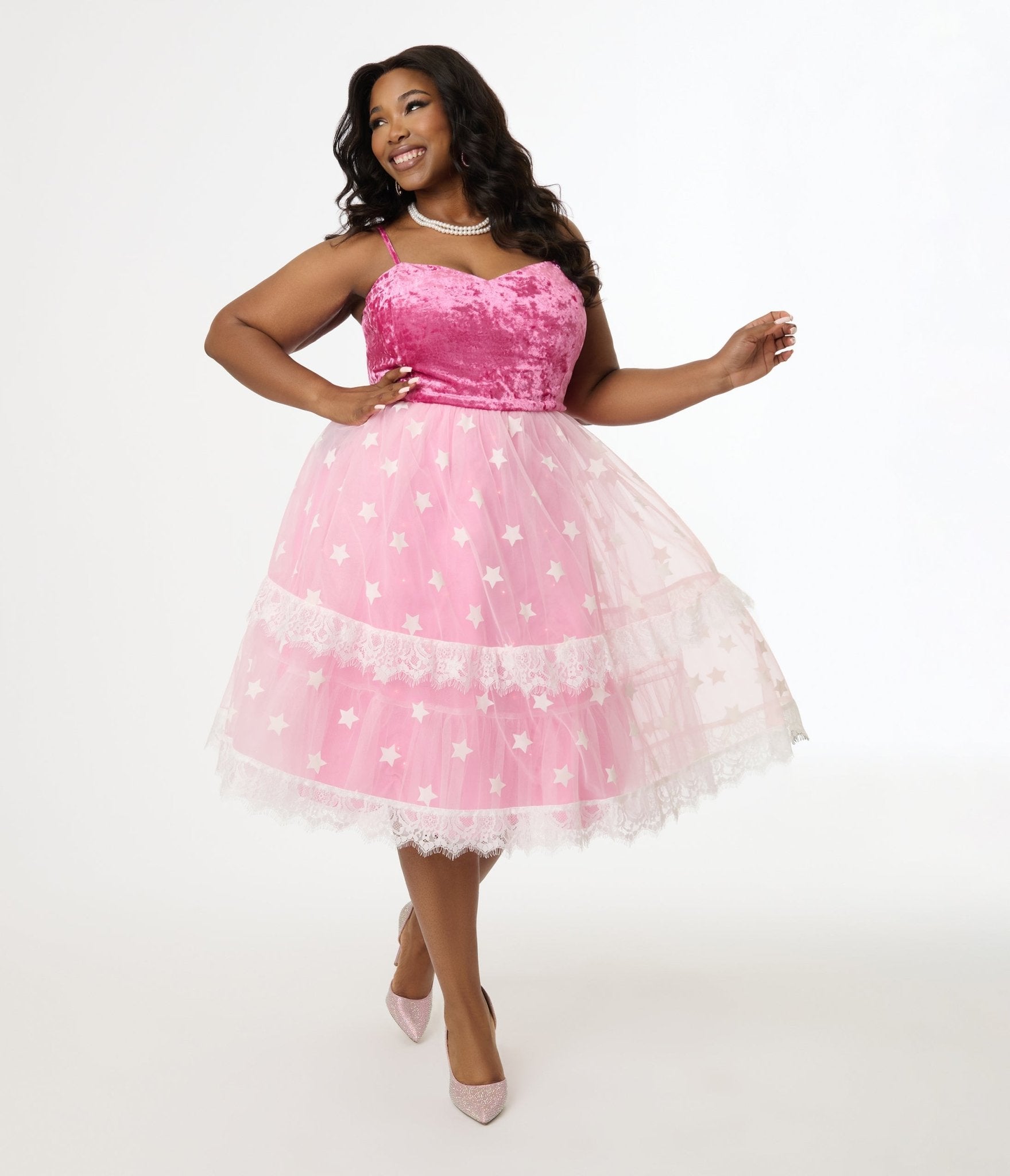 Barbie x Unique Vintage Plus Size 1980s Pink Light Up Dream Glow Swing Dress
