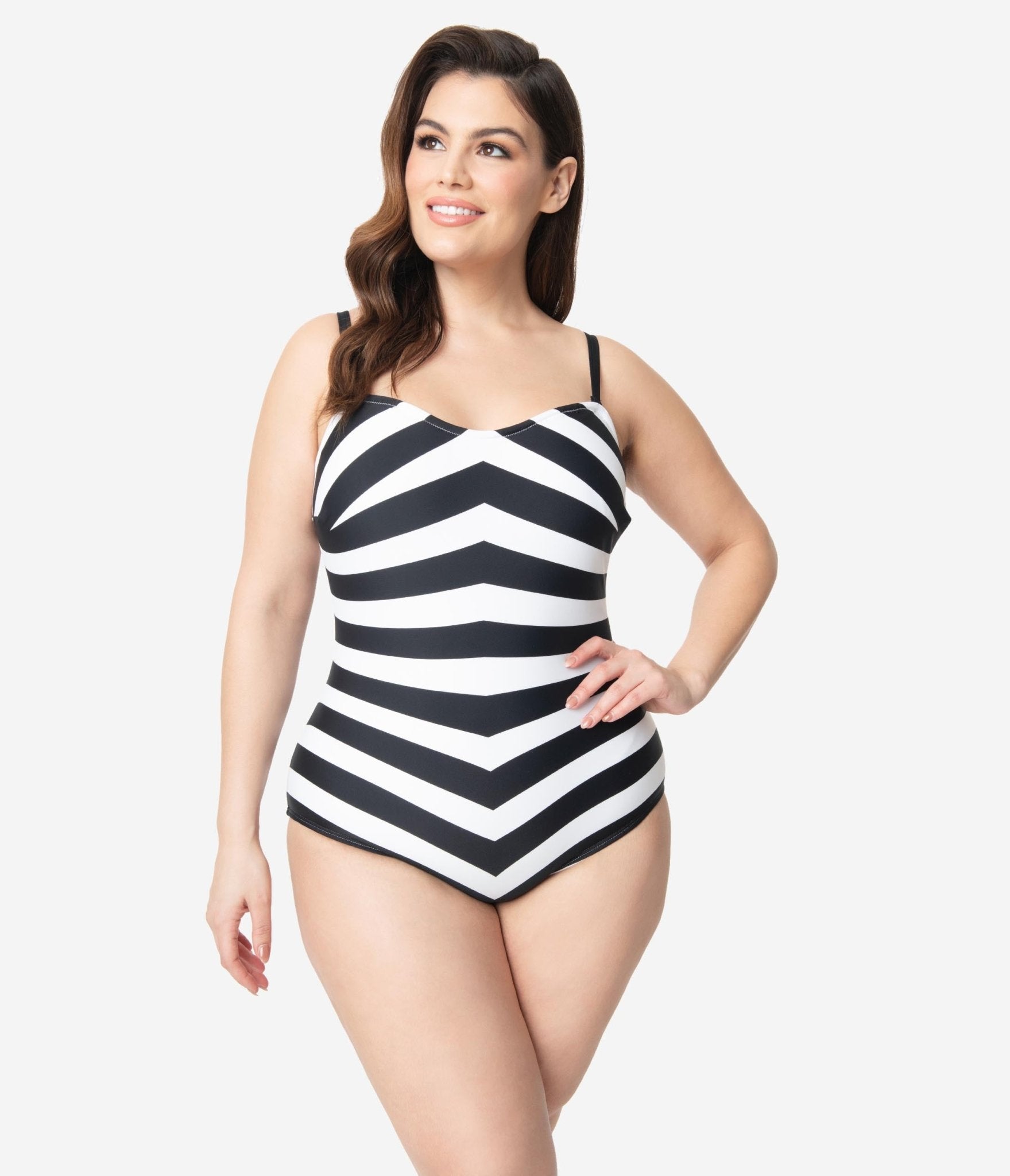 Barbie鈩?x Unique Vintage Plus Size Black & White Chevron Stripe One Piece Bathing Suit
