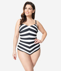 Barbie鈩?x Unique Vintage Plus Size Black & White Chevron Stripe One Piece Bathing Suit