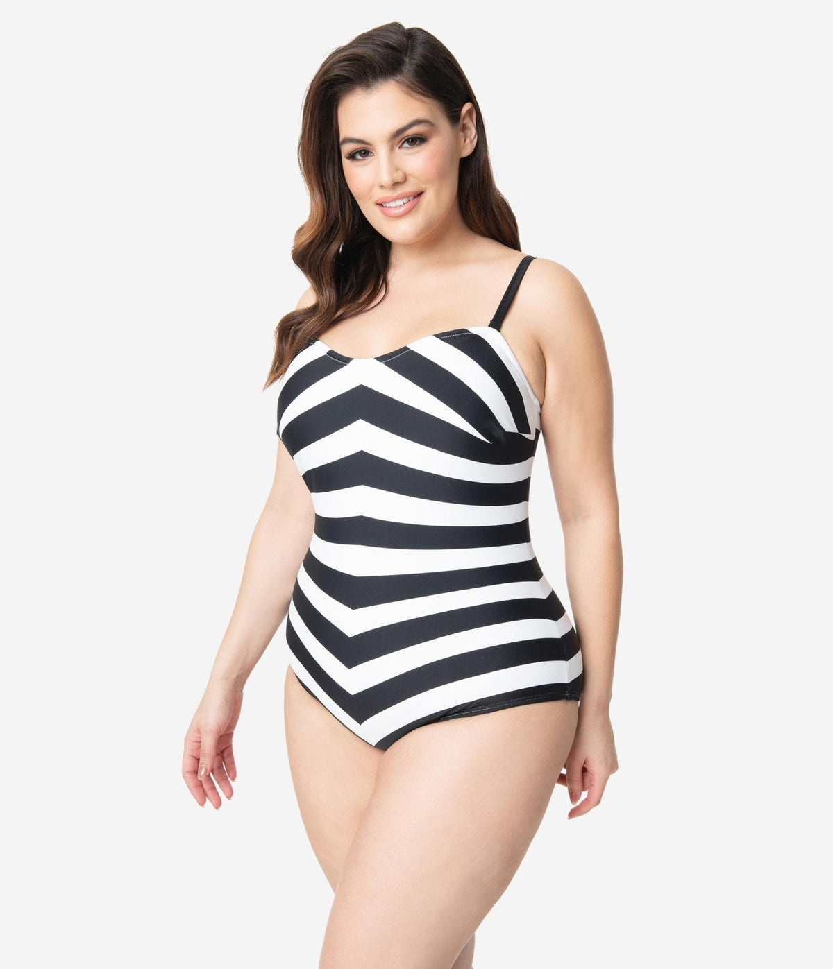 Barbie鈩?x Unique Vintage Plus Size Black & White Chevron Stripe One Piece Bathing Suit