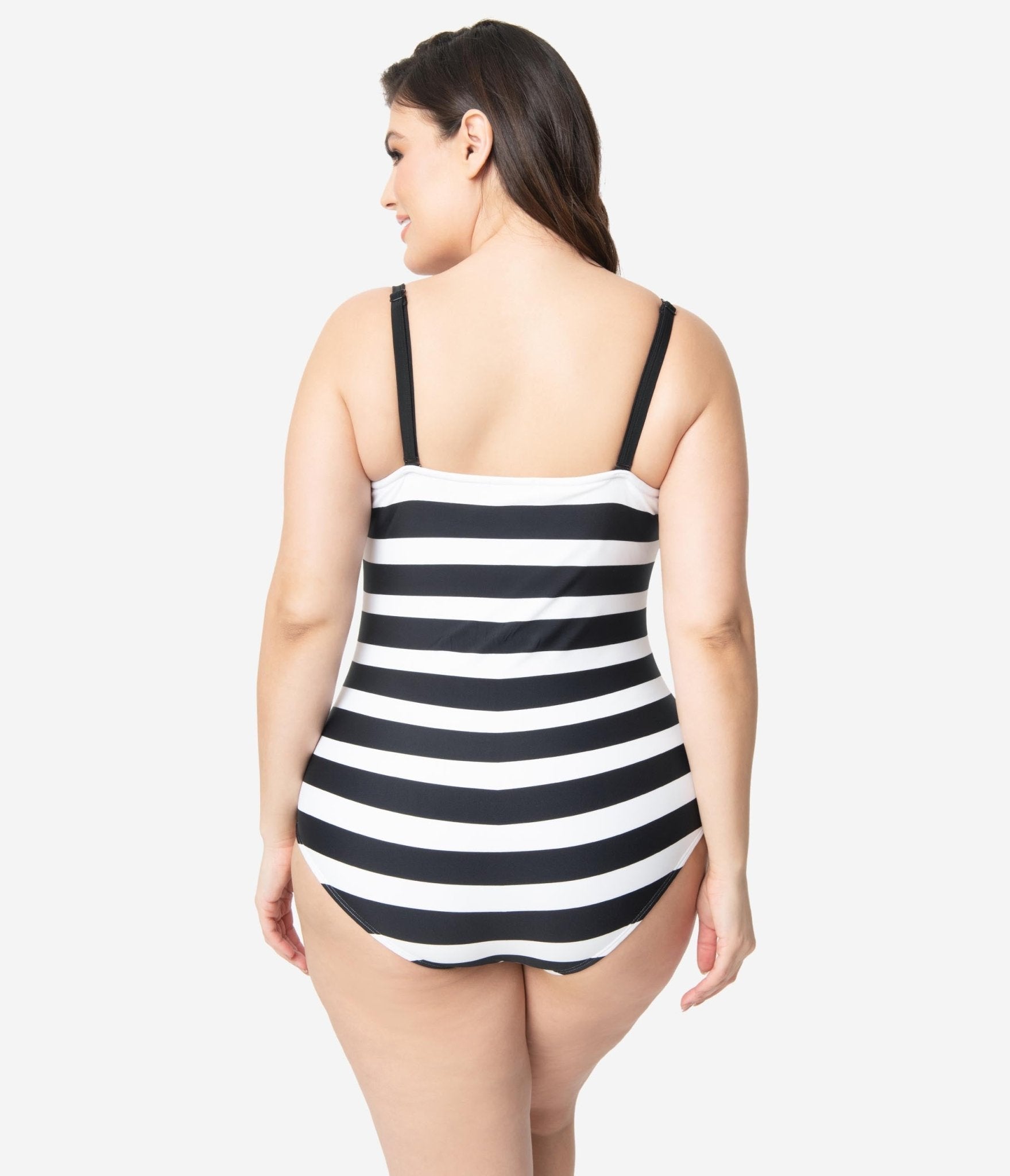 Barbie鈩?x Unique Vintage Plus Size Black & White Chevron Stripe One Piece Bathing Suit