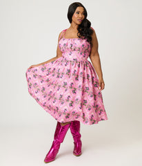 Barbie鈩?x Unique Vintage Plus Size Pink Rodeo Print Sleeveless Swing Dress