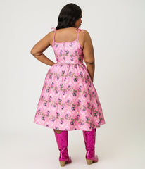 Barbie鈩?x Unique Vintage Plus Size Pink Rodeo Print Sleeveless Swing Dress