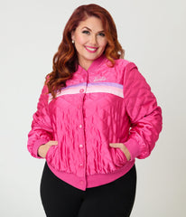 Barbie鈩?x Unique Vintage Plus Size Pink Satin Quilted Varsity Jacket