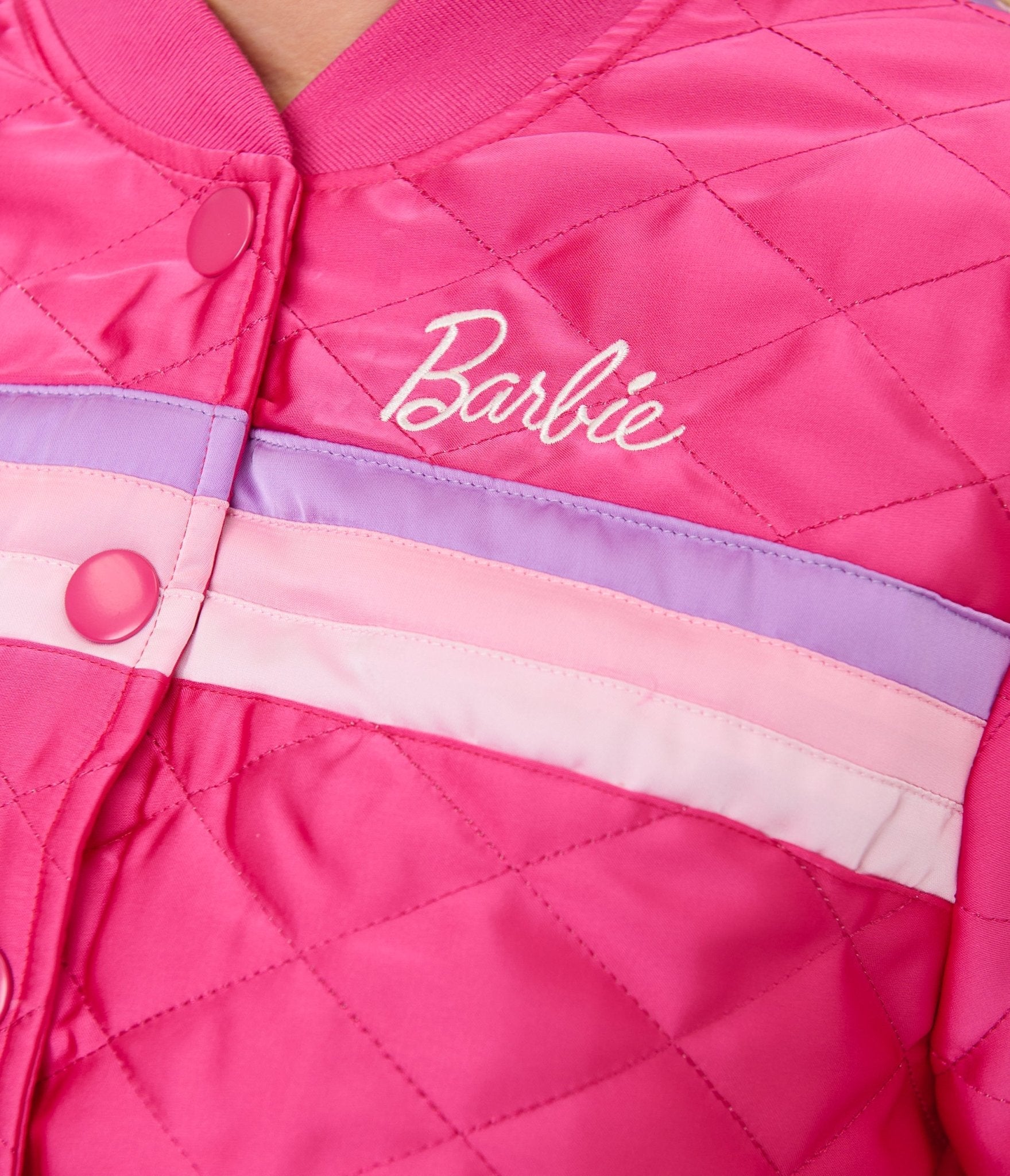 Barbie鈩?x Unique Vintage Plus Size Pink Satin Quilted Varsity Jacket