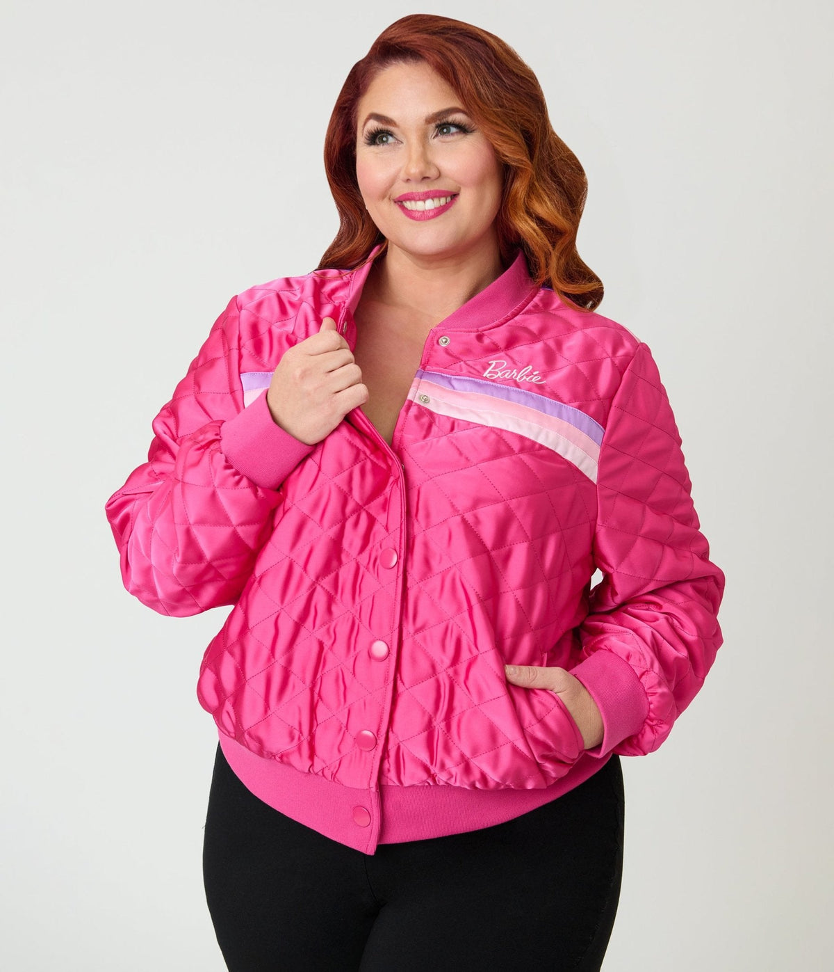 Barbie鈩?x Unique Vintage Plus Size Pink Satin Quilted Varsity Jacket