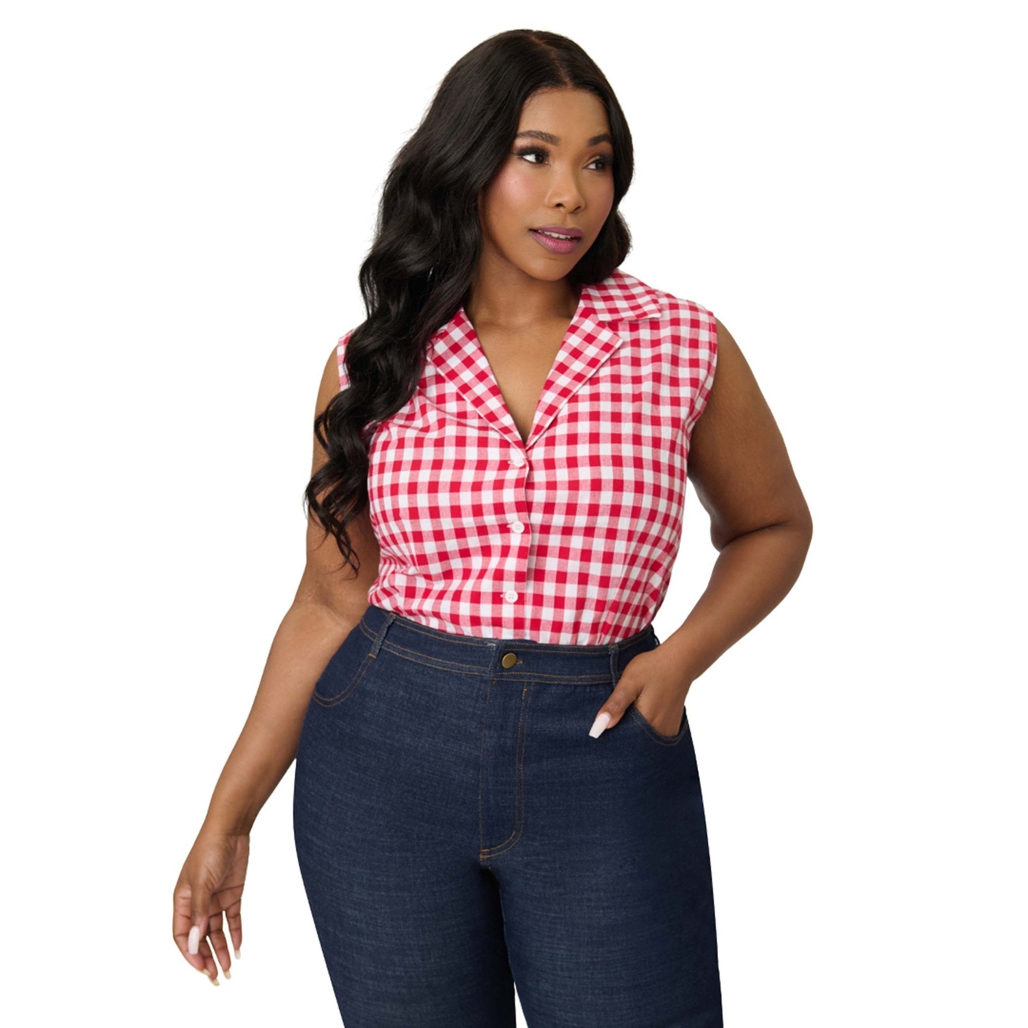 Barbie鈩?x Unique Vintage Plus Size Red Gingham Picnic Blouse