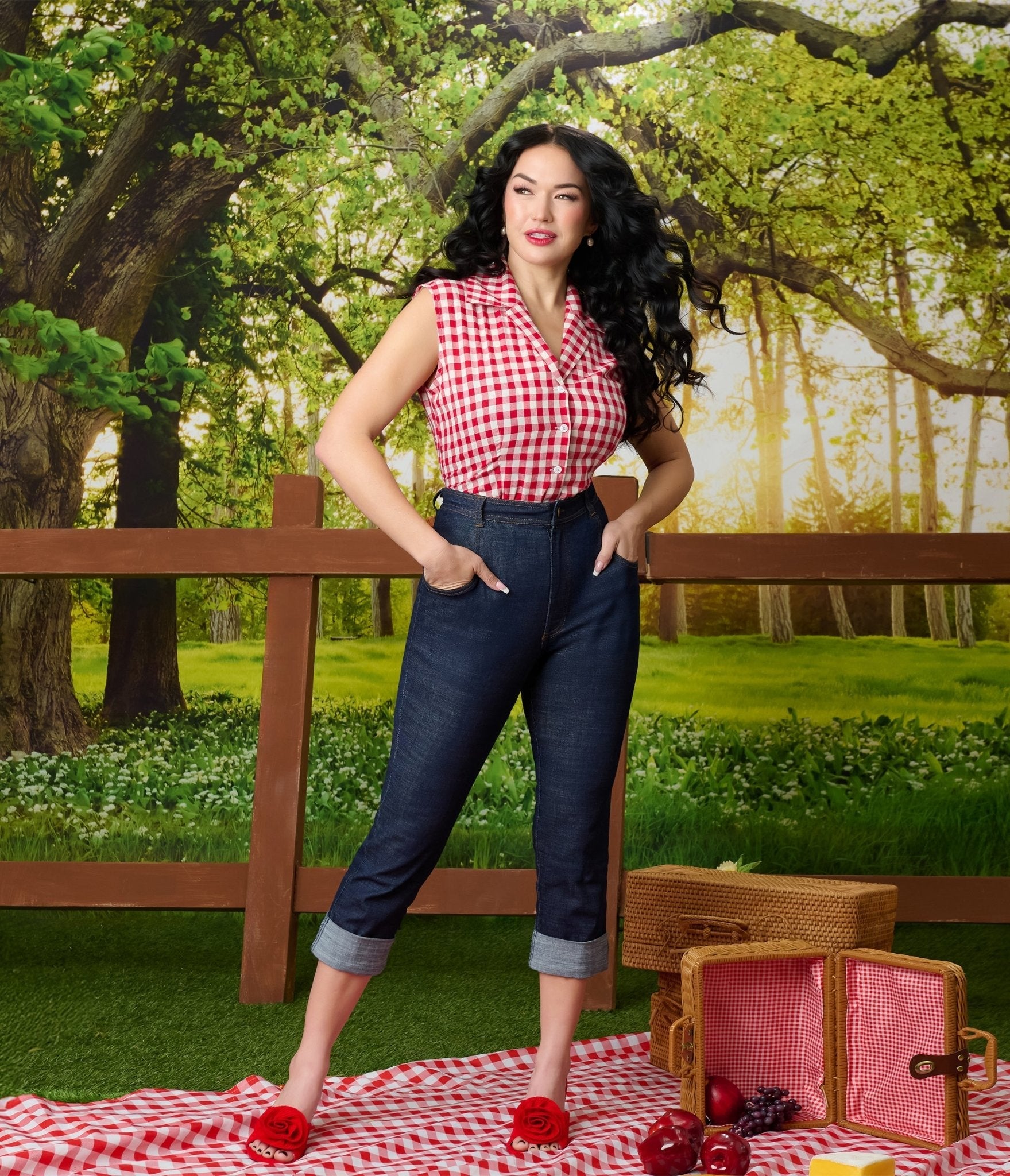 Barbie鈩?x Unique Vintage Red Gingham Picnic Blouse