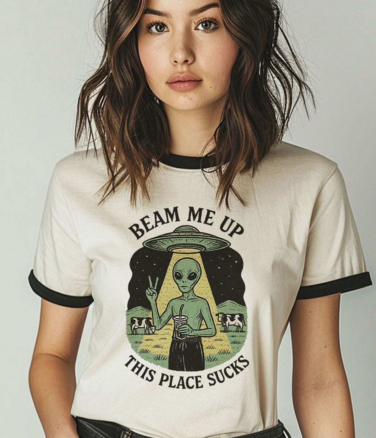 Beam Me Up Alien Unisex Graphic Ringer Tee