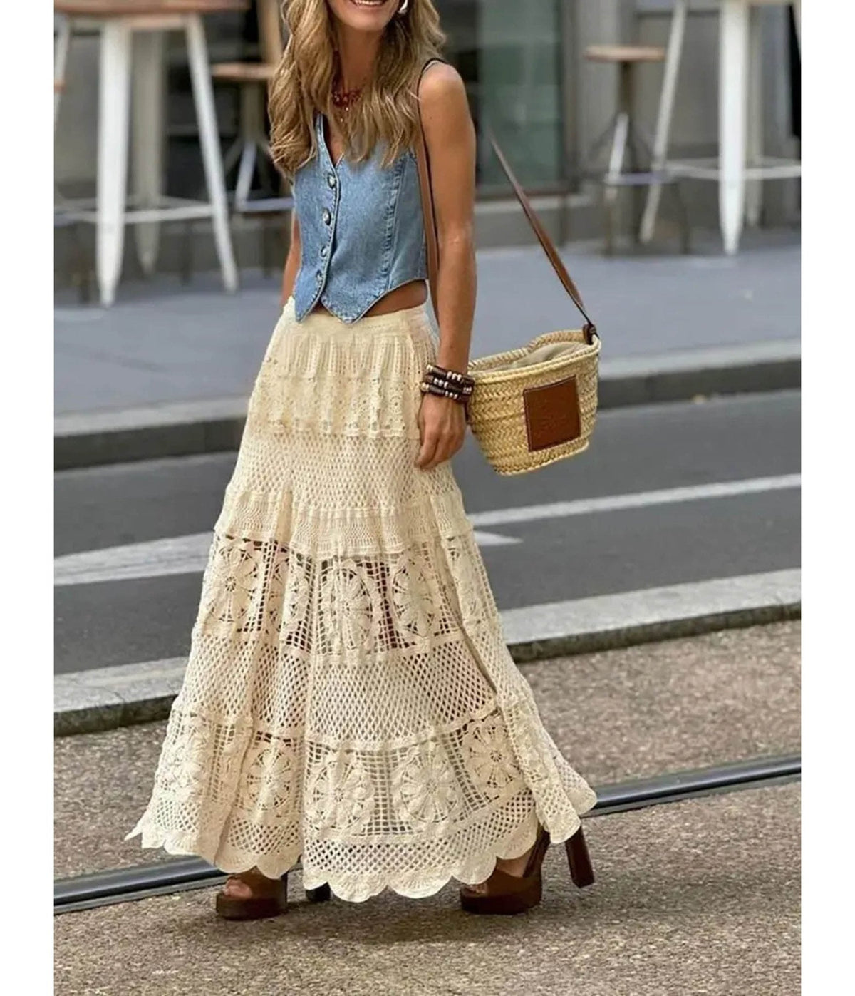 Beige Crochet Bohemian Maxi Skirt