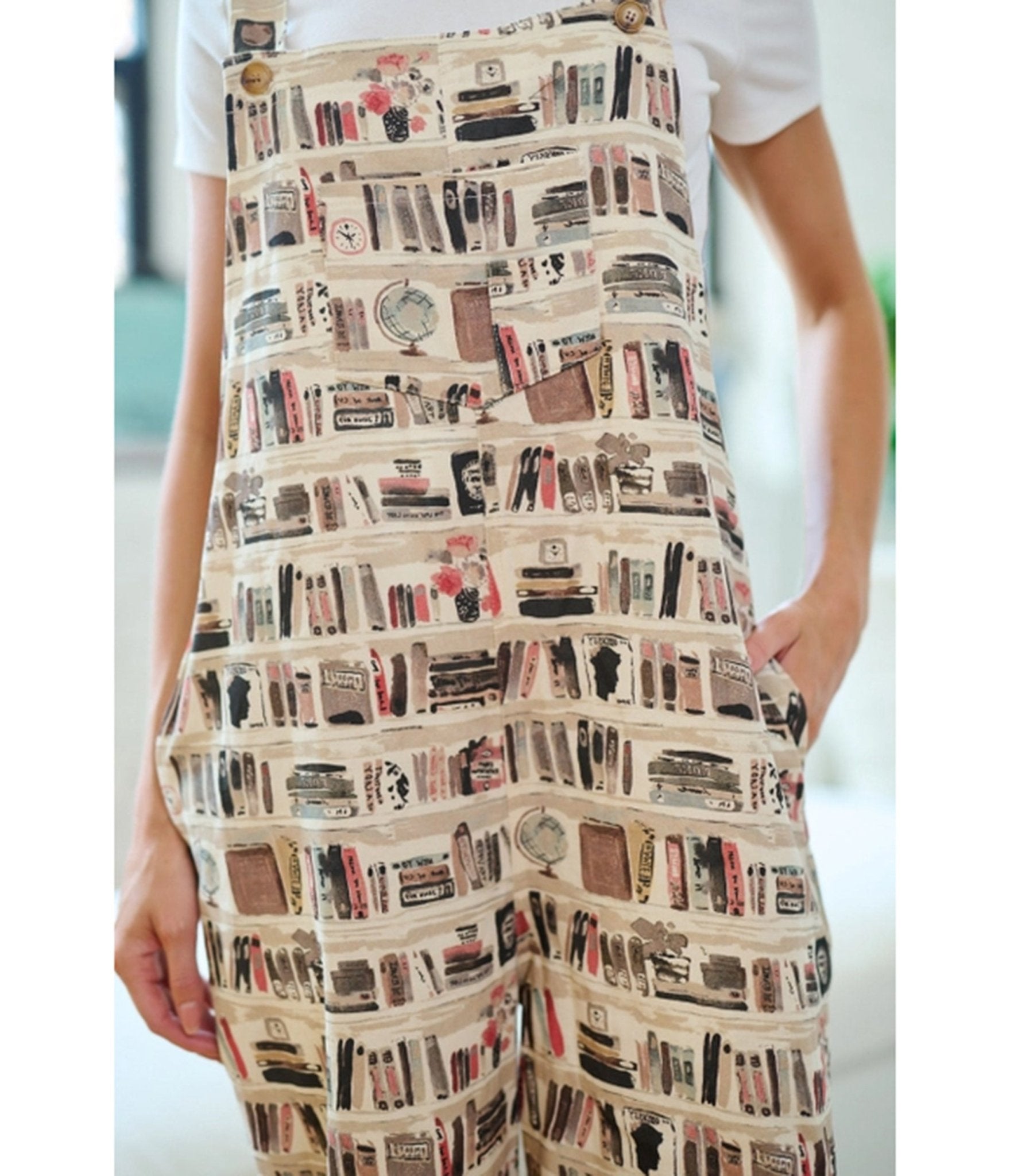 Beige Library Print Overalls