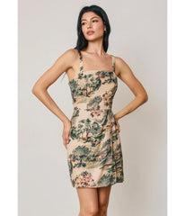 Beige Scenic Floral Print Mini Dress
