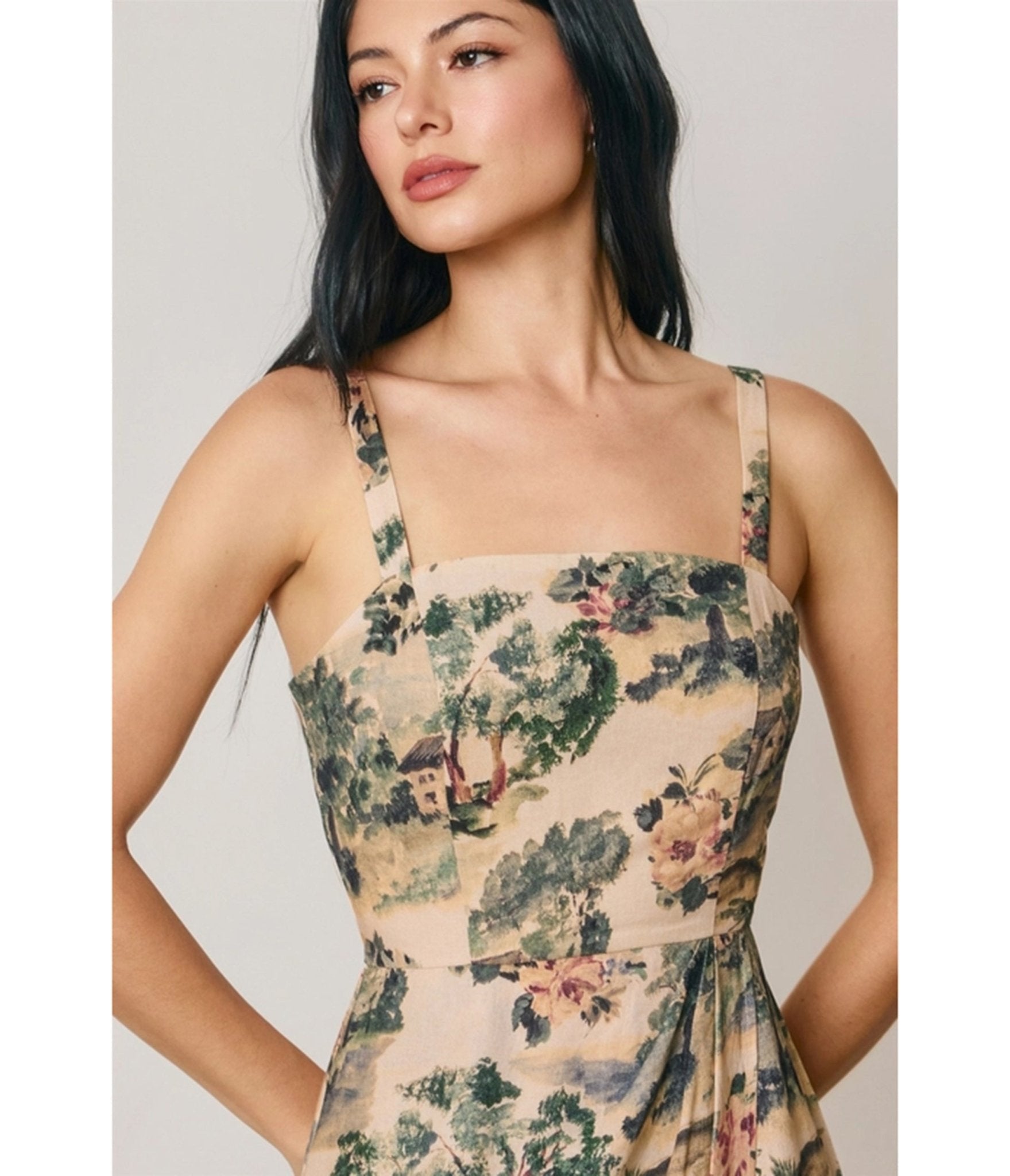 Beige Scenic Floral Print Mini Dress