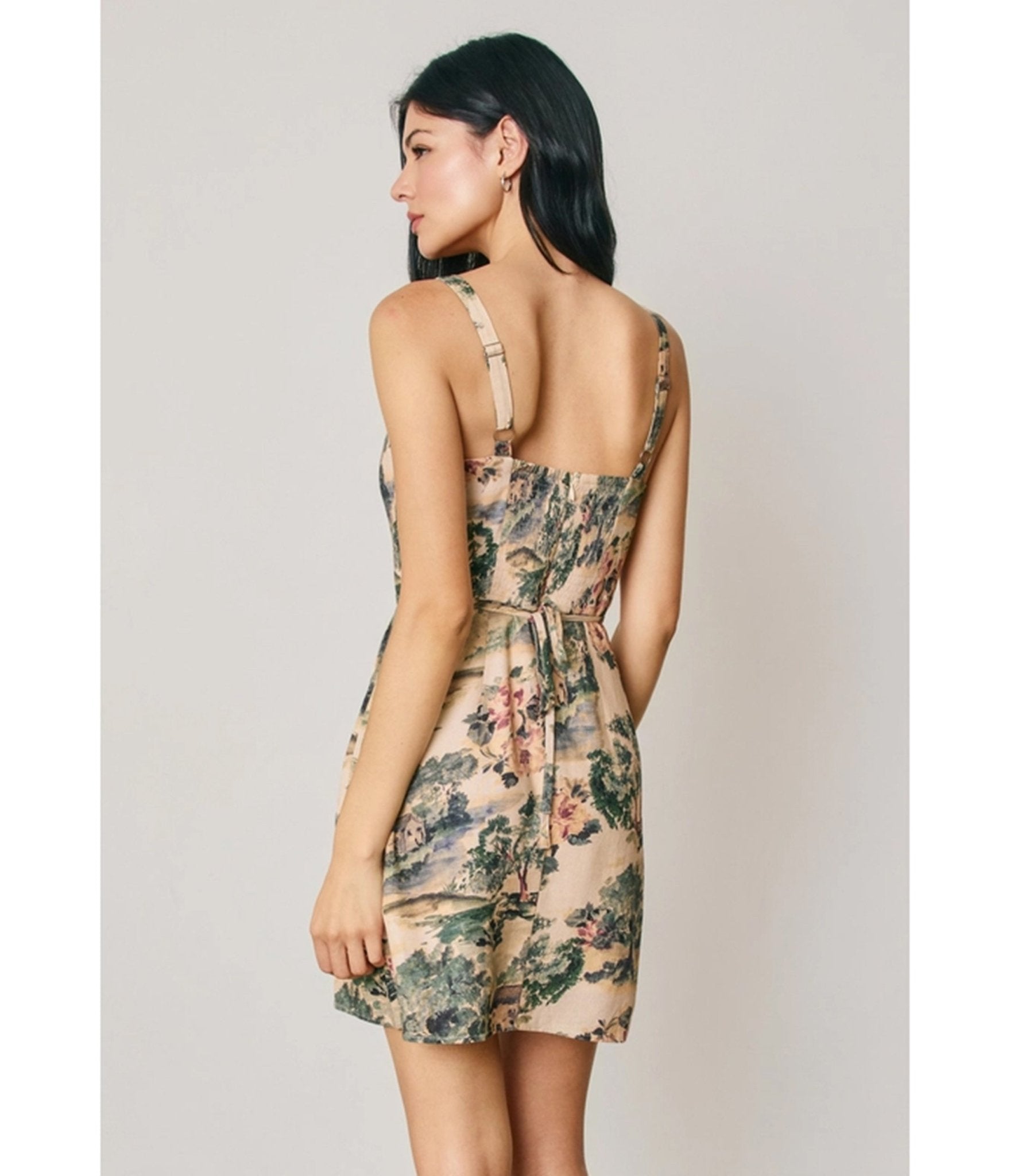 Beige Scenic Floral Print Mini Dress
