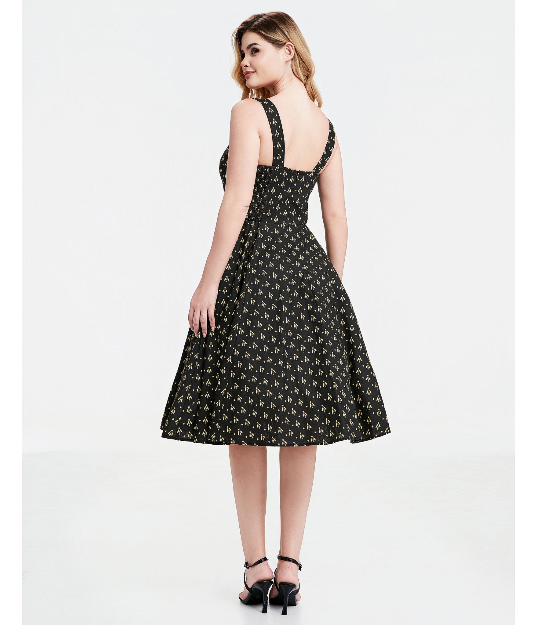 Black Atomic Bees Print Heidi Dress