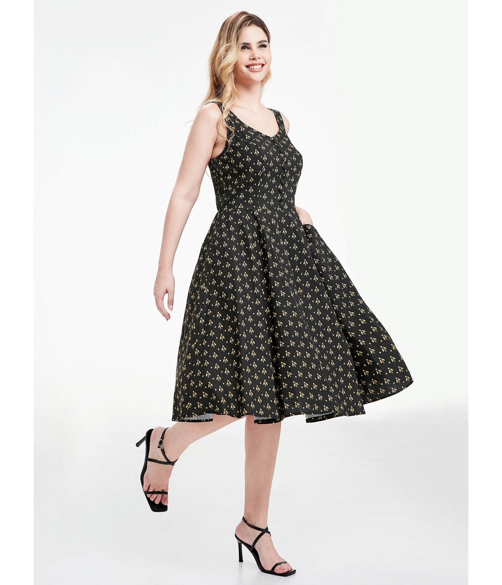 Black Atomic Bees Print Heidi Dress