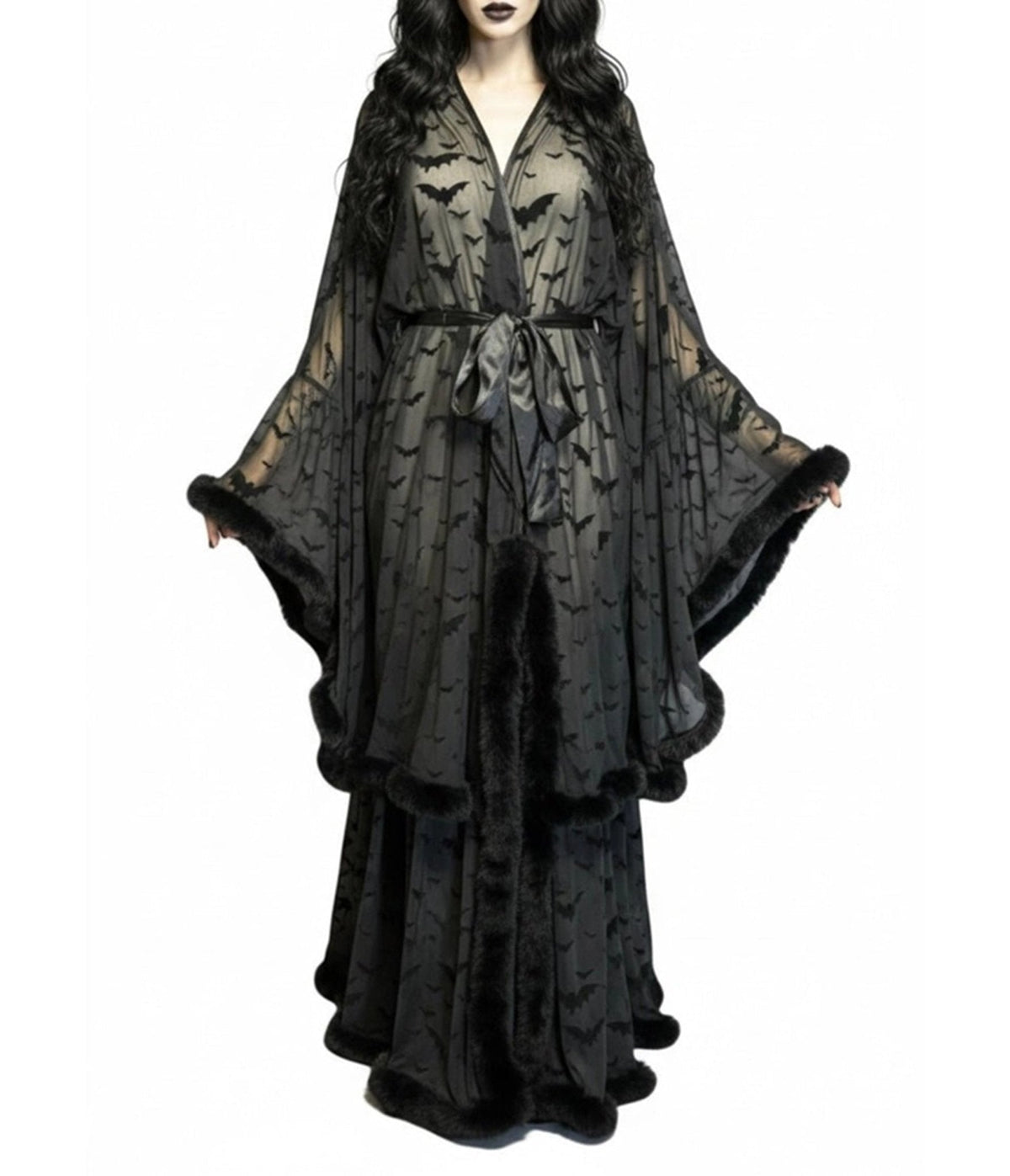 Black Bat Print Faux Fur Sheer Robe