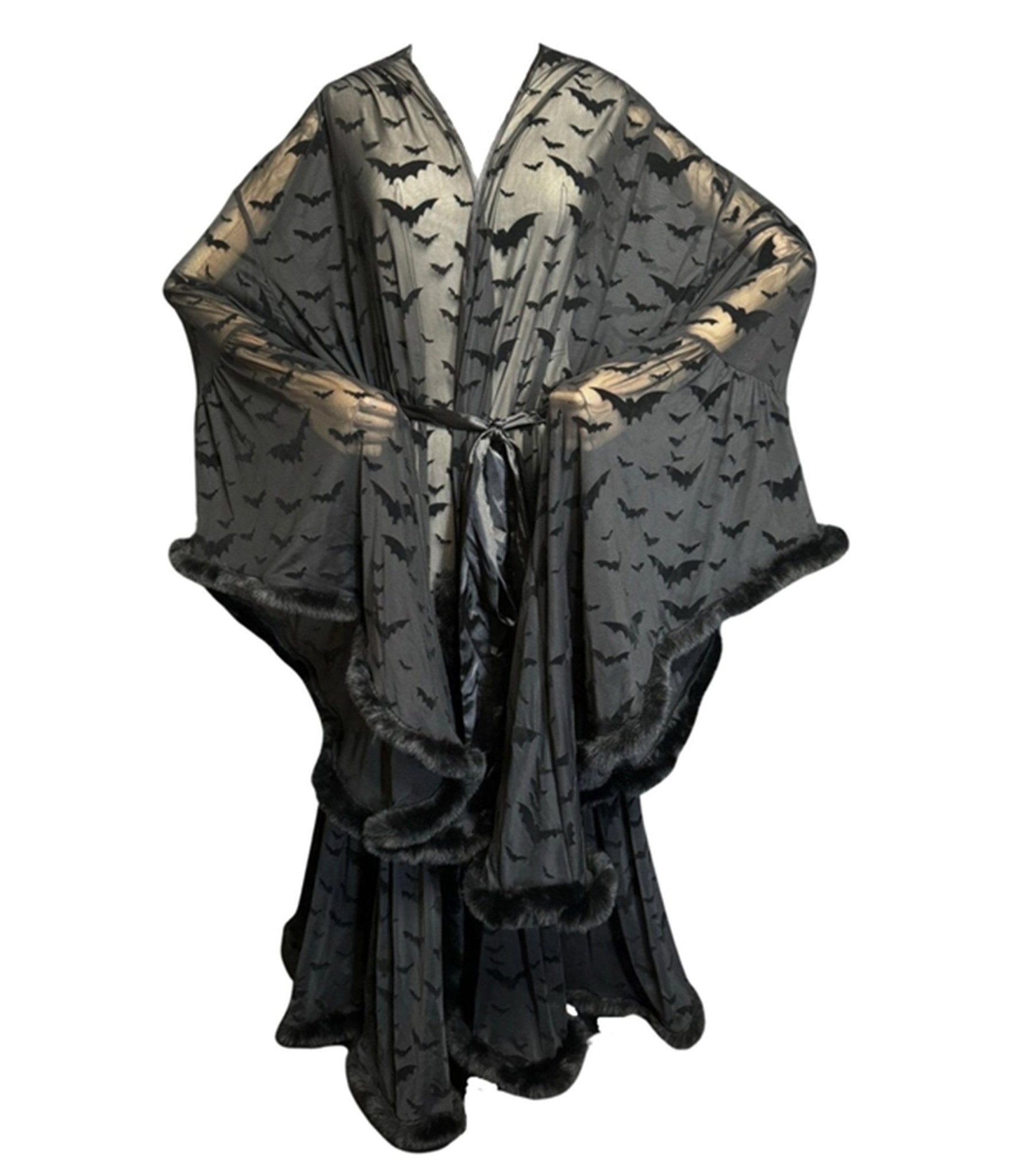 Black Bat Print Faux Fur Sheer Robe