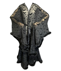 Black Bat Print Faux Fur Sheer Robe