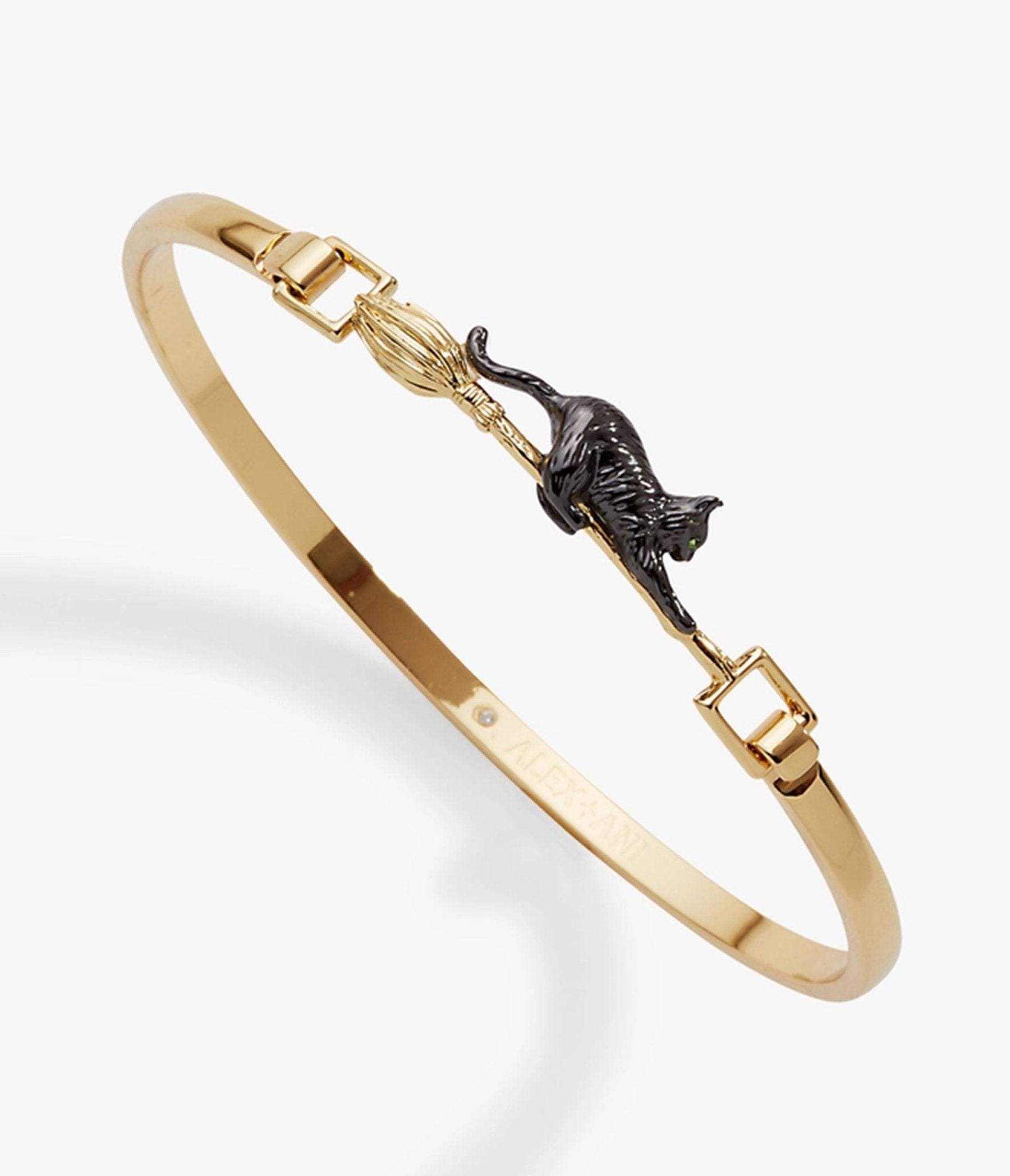 Black Cat & Broom Gold Tone Bangle Bracelet