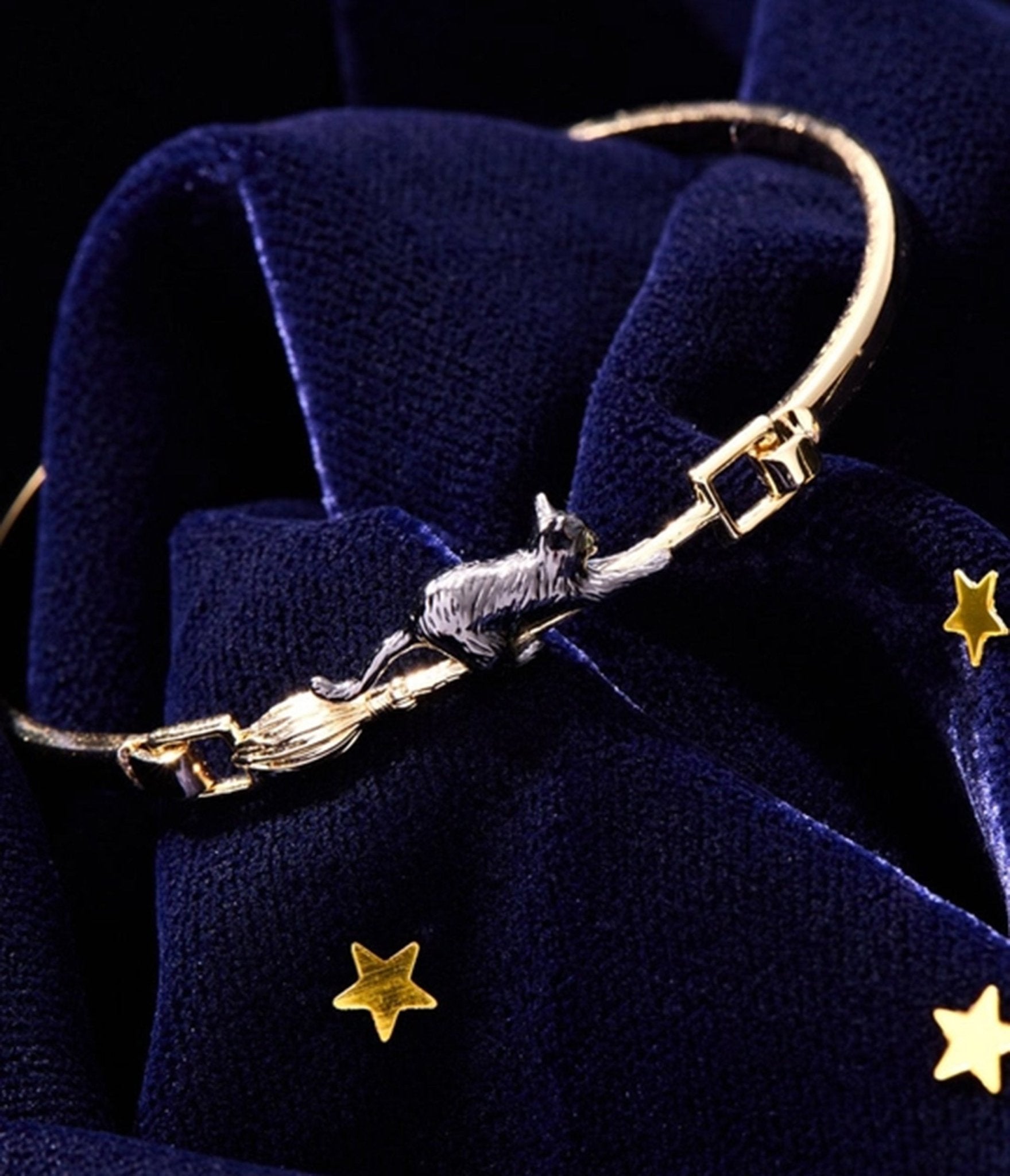 Black Cat & Broom Gold Tone Bangle Bracelet