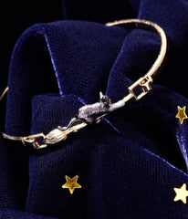 Black Cat & Broom Gold Tone Bangle Bracelet