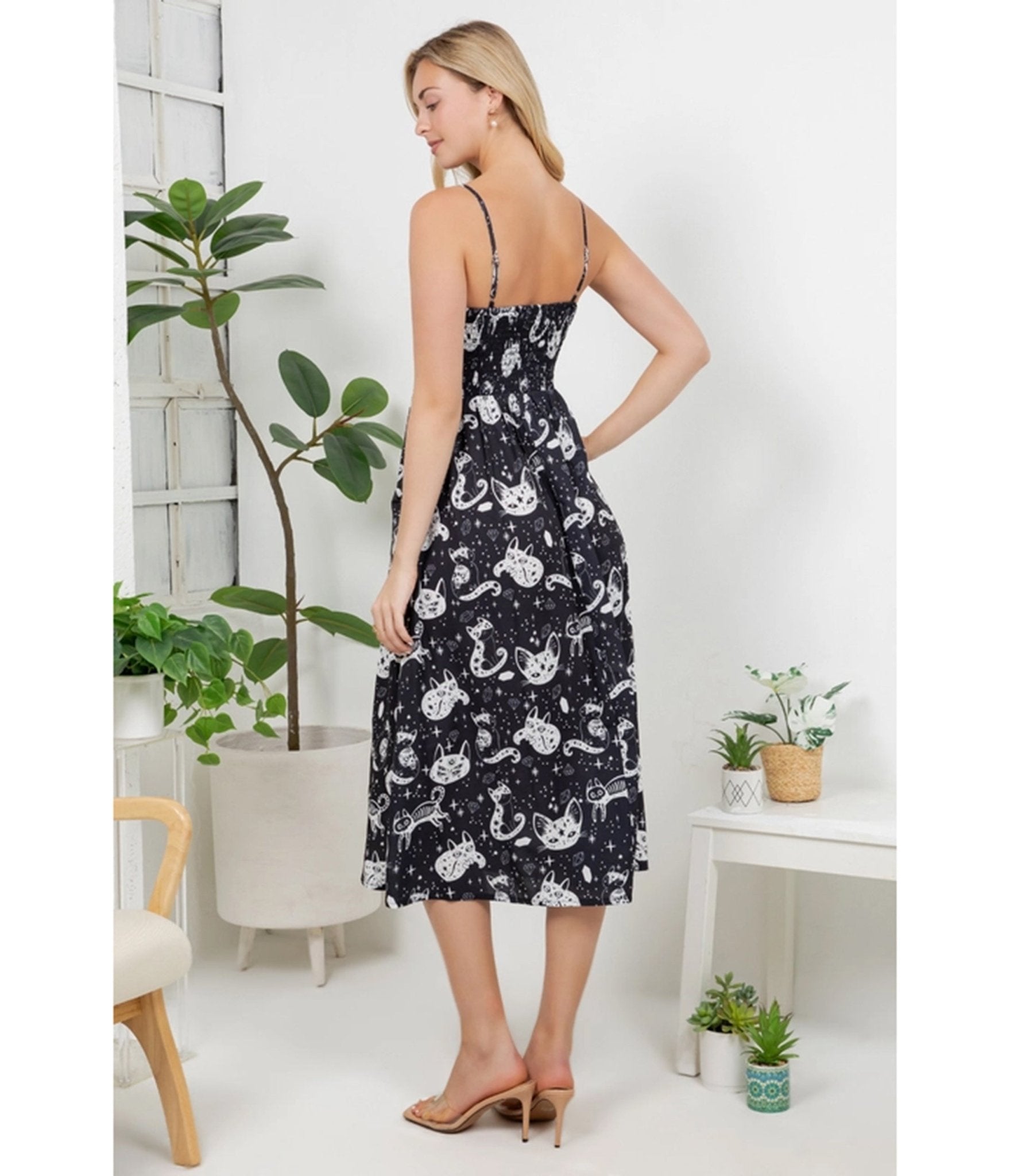 Black Celestial Cat Print Midi Dress