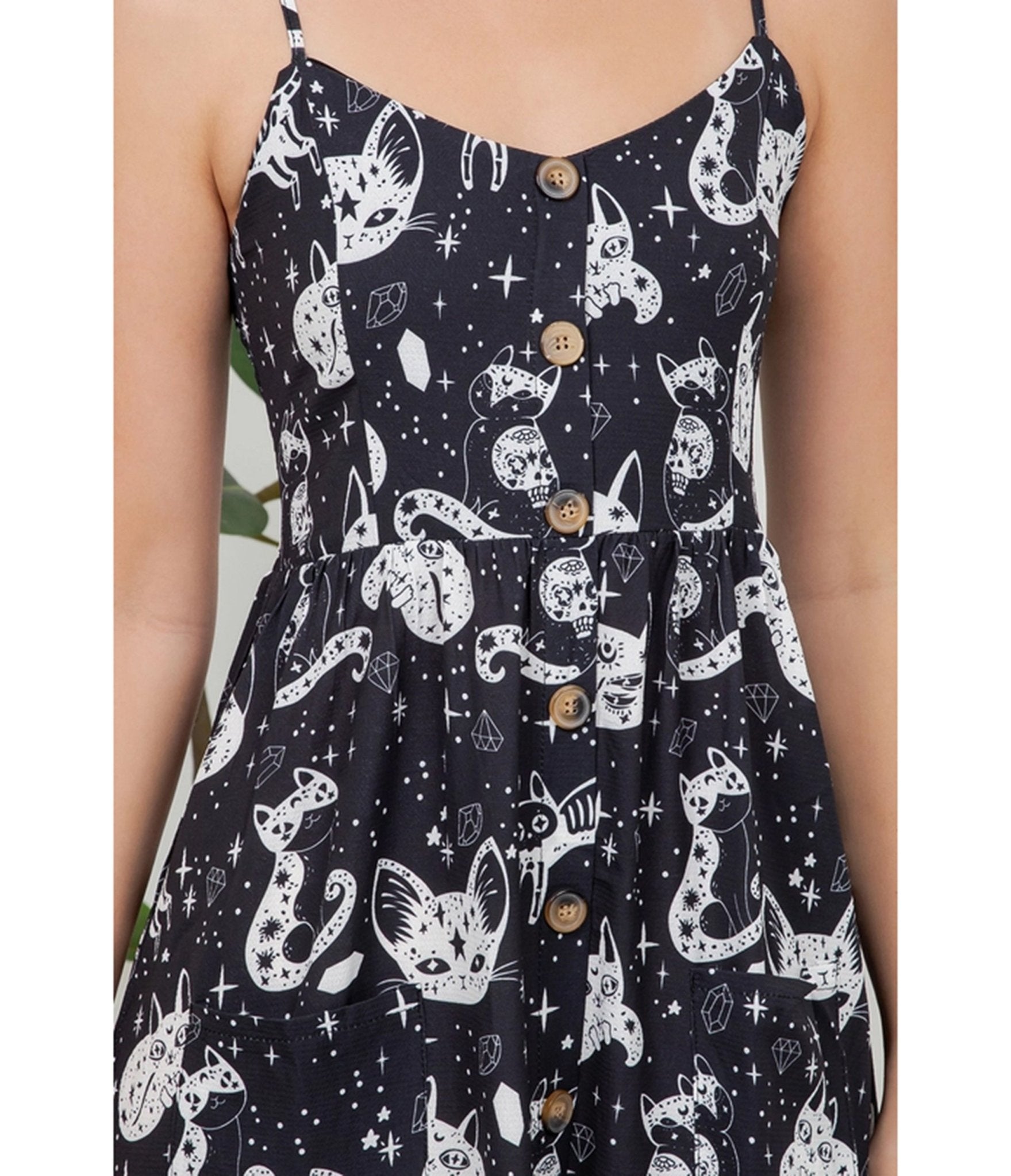 Black Celestial Cat Print Midi Dress