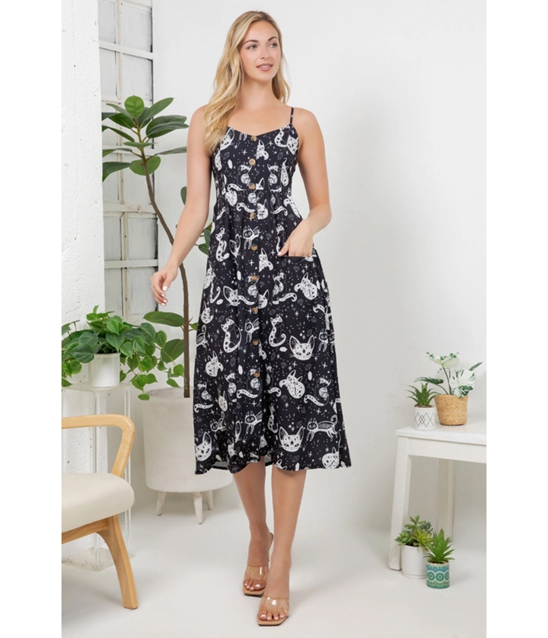 Black Celestial Cat Print Midi Dress