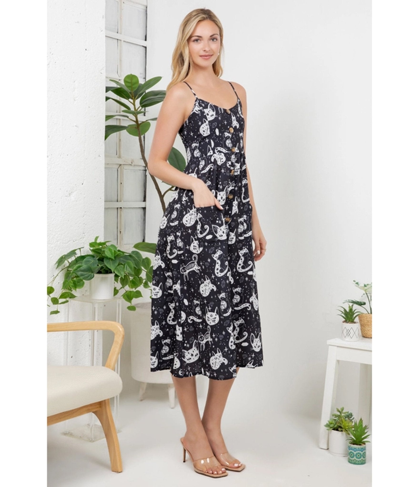 Black Celestial Cat Print Midi Dress