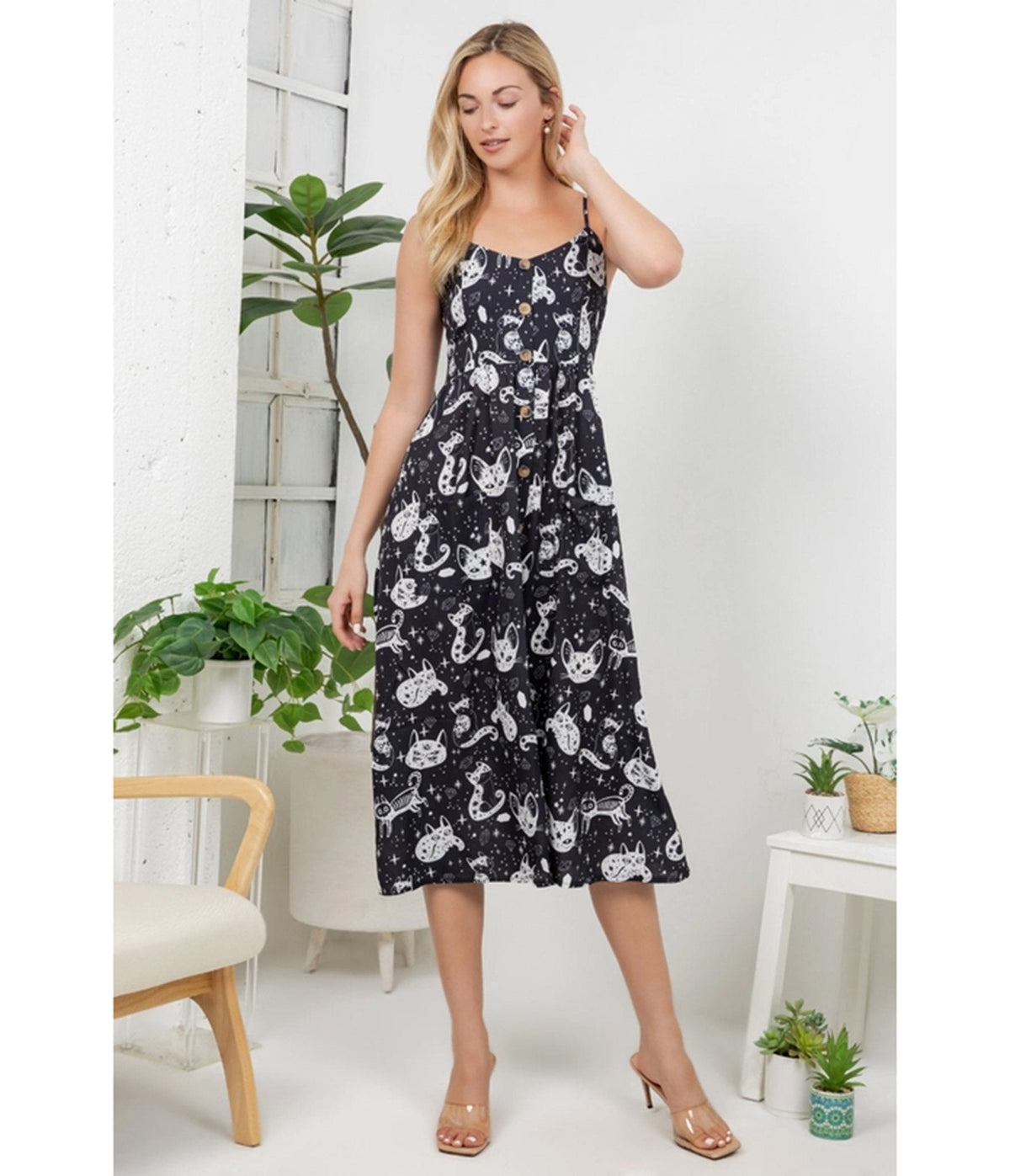 Black Celestial Cat Print Midi Dress