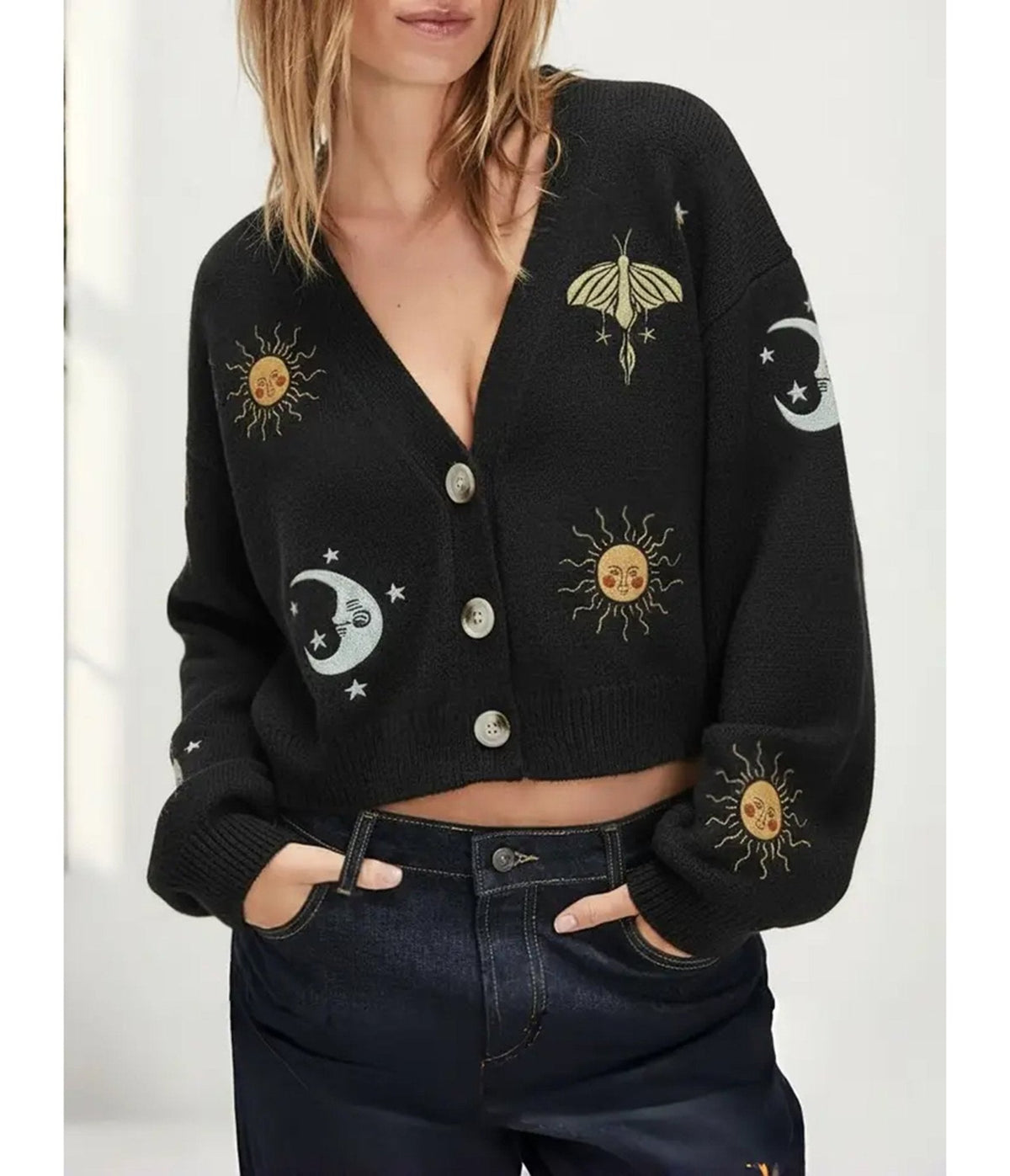 Black Celestial Embroidered Cropped Cardigan