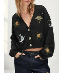 Black Celestial Embroidered Cropped Cardigan