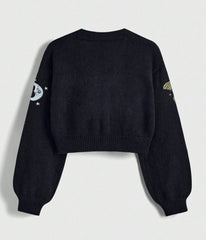 Black Celestial Embroidered Cropped Cardigan
