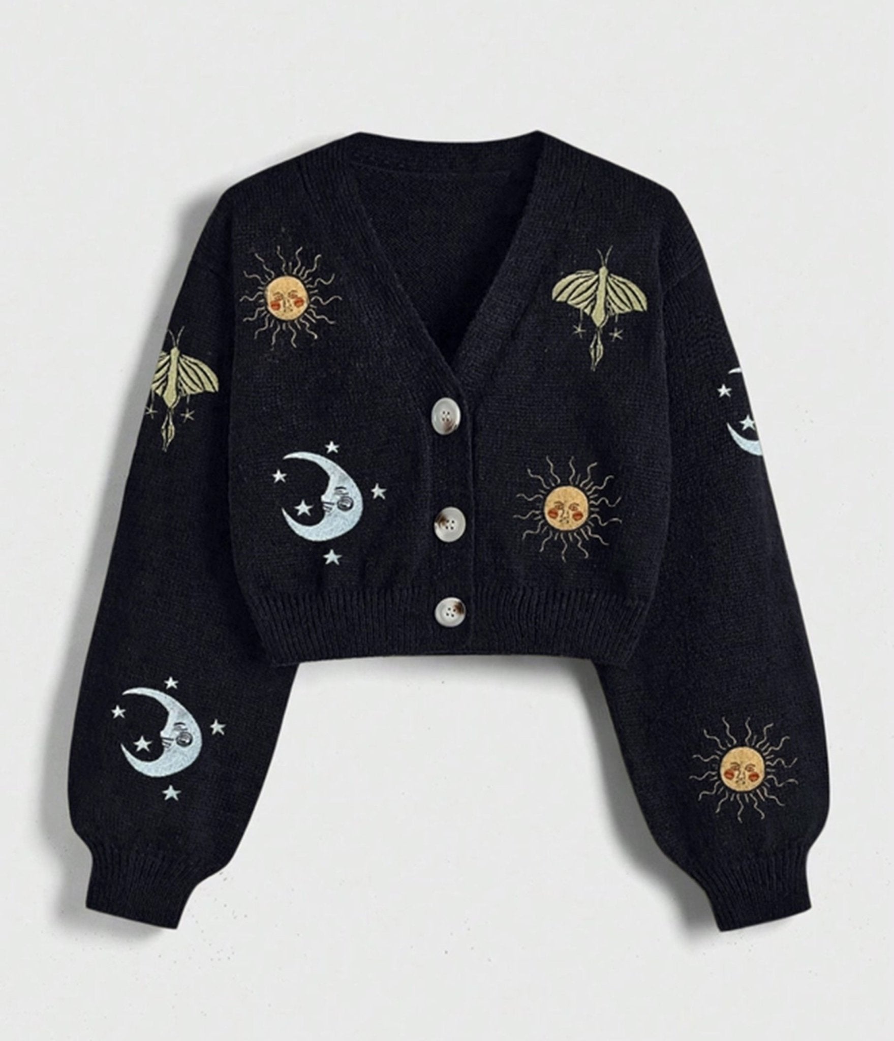 Black Celestial Embroidered Cropped Cardigan
