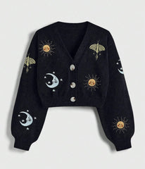 Black Celestial Embroidered Cropped Cardigan