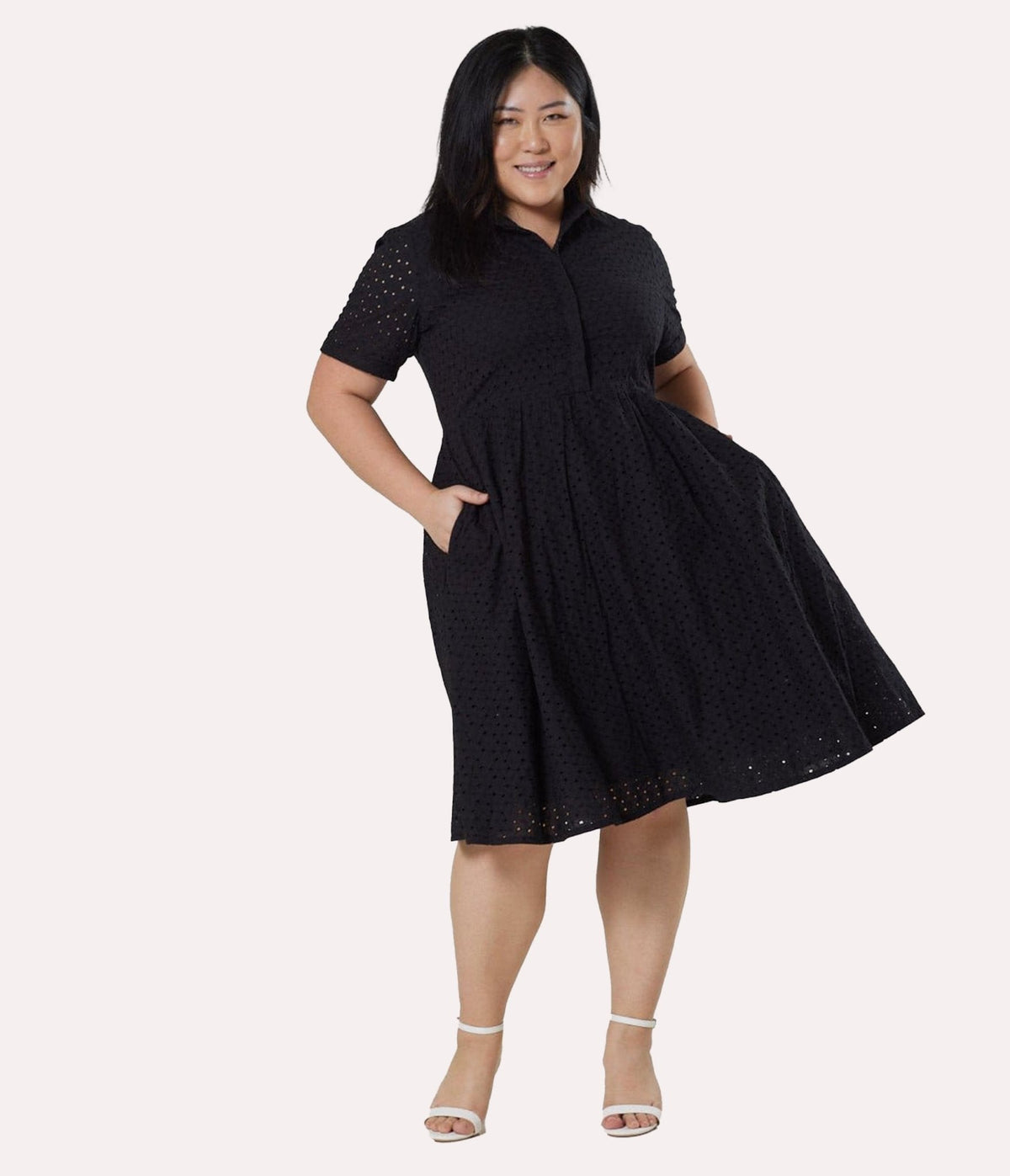 Black Eyelet Short Sleeve Swing Dress
