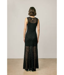 Black Floral Lace Flared Maxi Dress