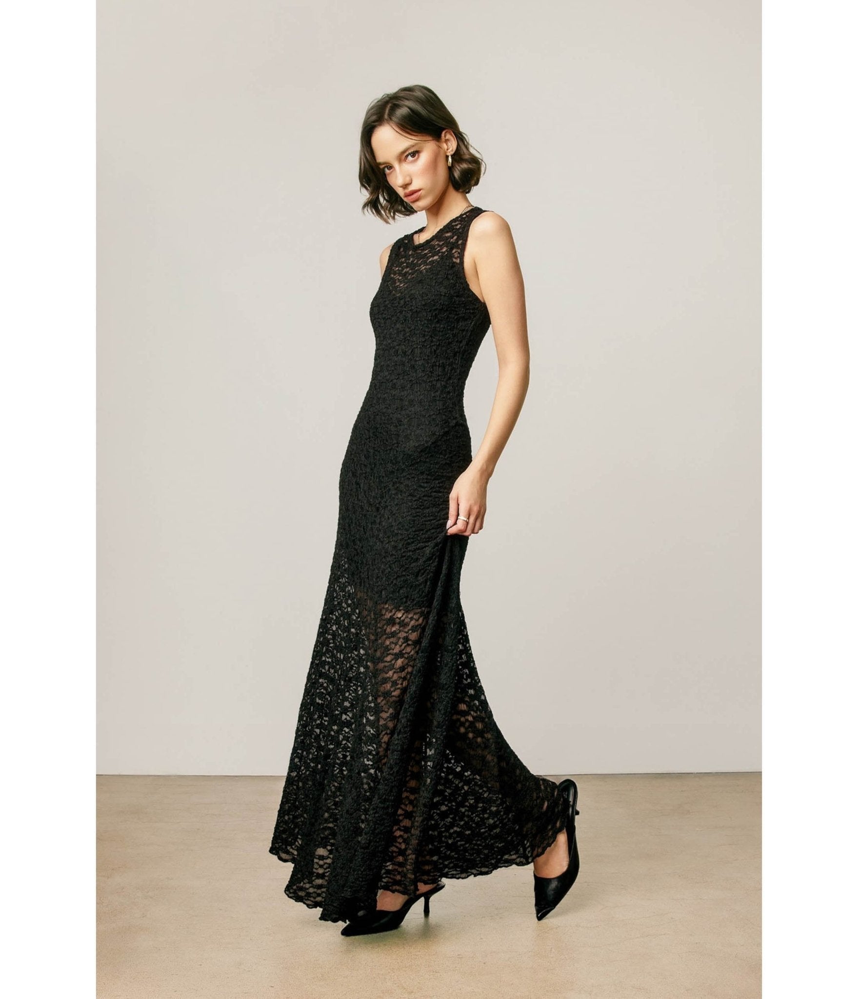 Black Floral Lace Flared Maxi Dress