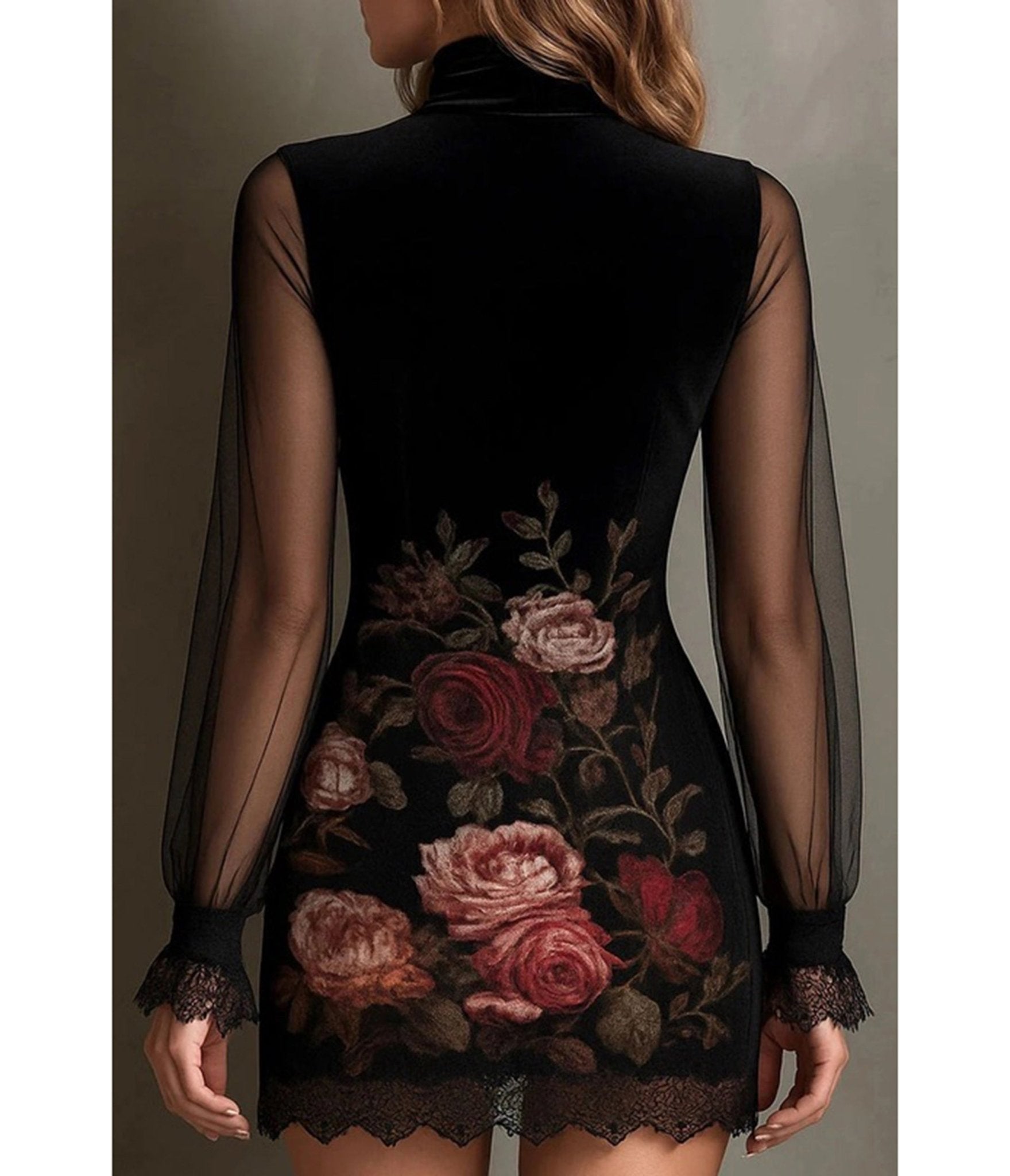 Black Floral & Mesh Overlay Mini Dress