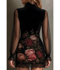 Black Floral & Mesh Overlay Mini Dress