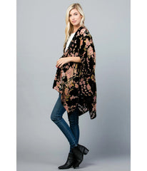 Black Floral Print Velvet Kimono
