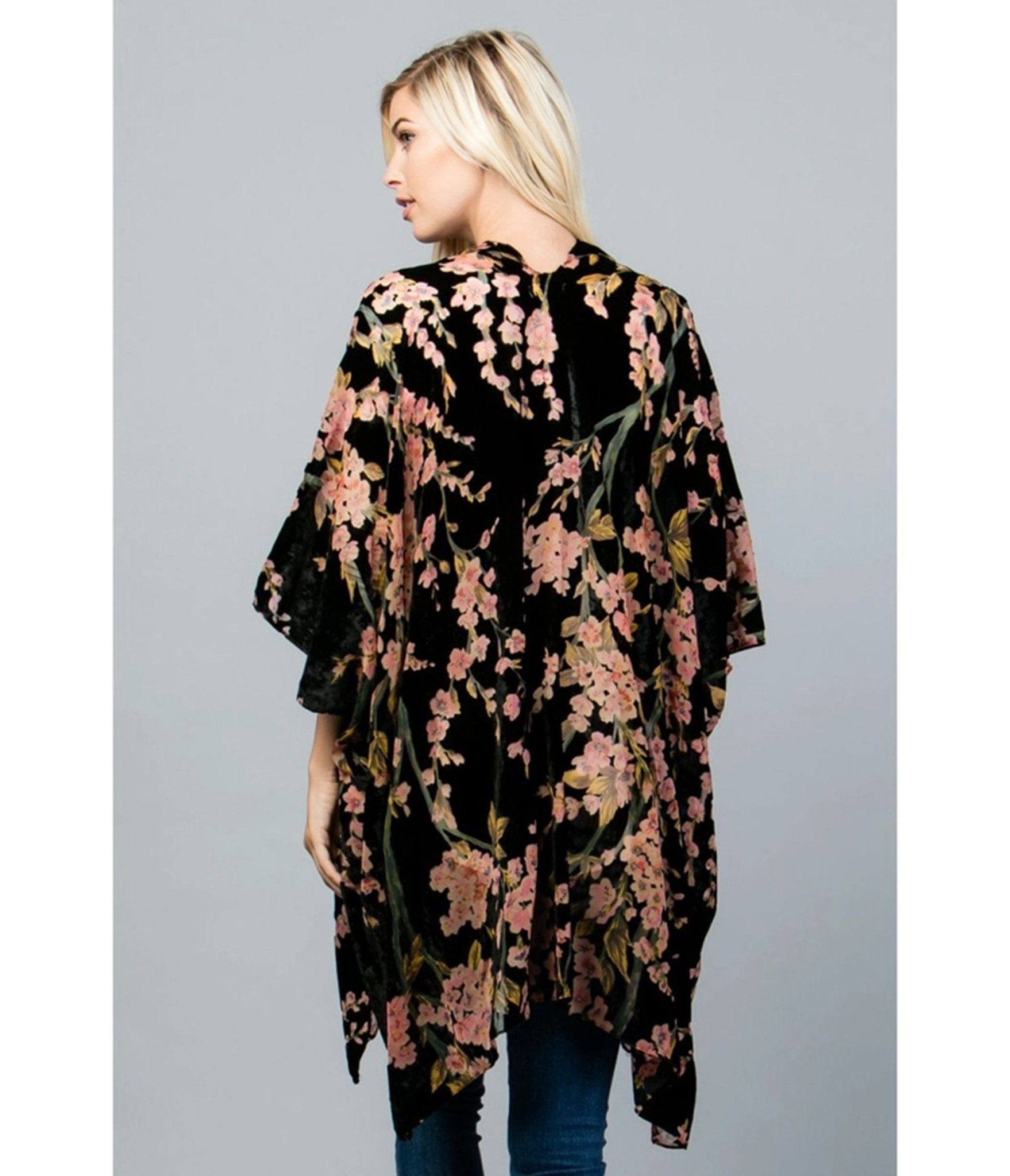 Black Floral Print Velvet Kimono