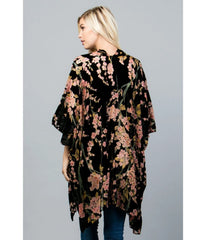 Black Floral Print Velvet Kimono