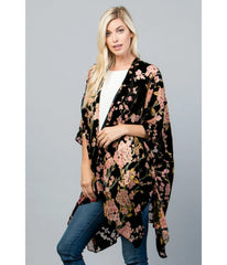 Black Floral Print Velvet Kimono