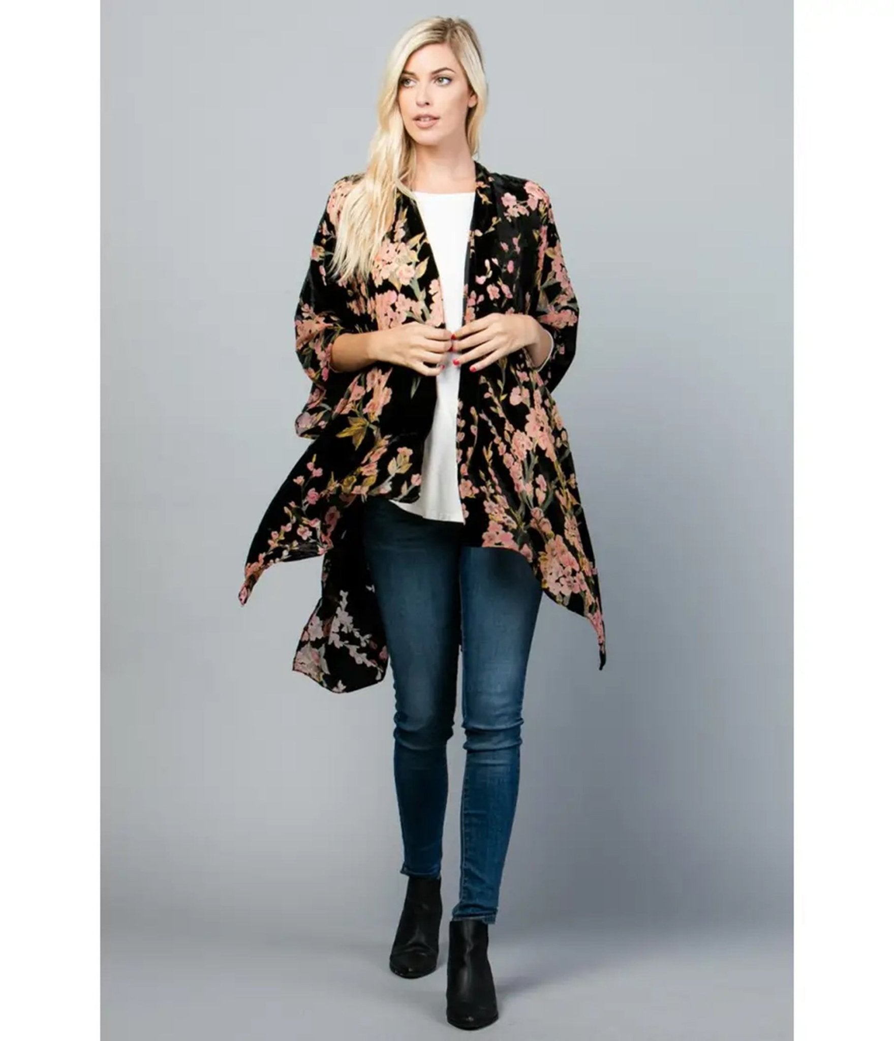Black Floral Print Velvet Kimono