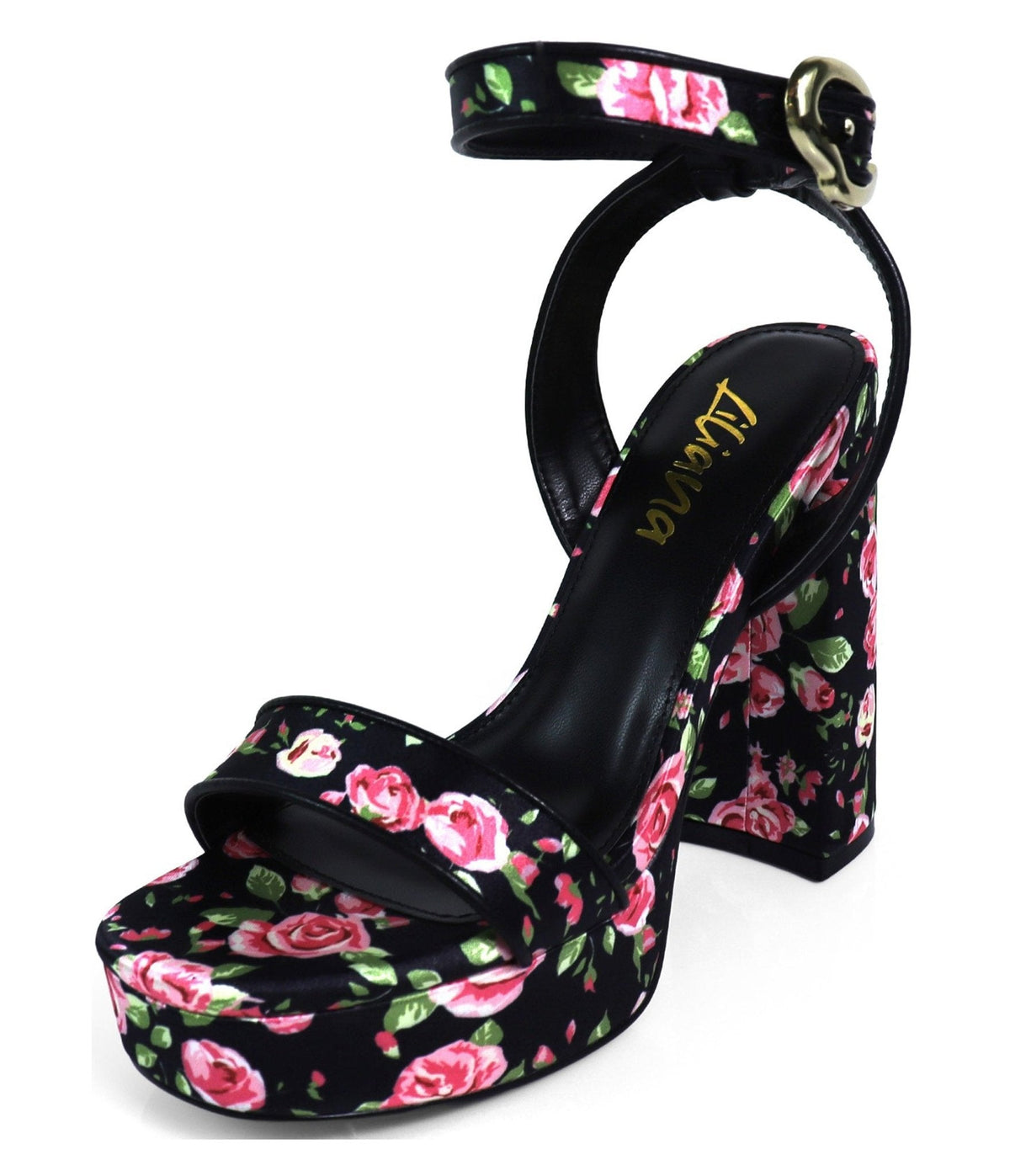 Black Floral Square Toe Platform Heels